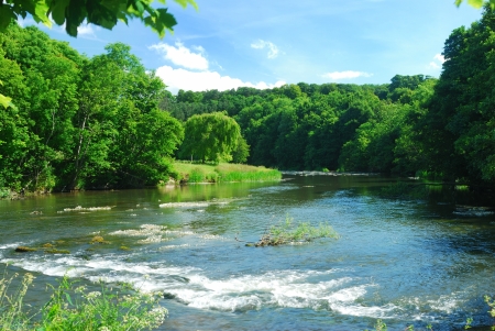 weir on river Till at the ford at Etal, Northumberlandの写真素材