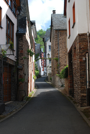 looking up old historic street in Ediger by Mosel Germanyの写真素材