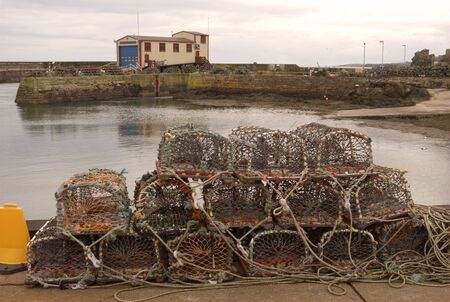 the harbour& lobster pots at St. Abbs in Berwickshireの写真素材