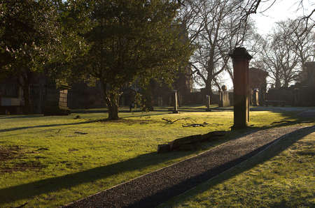 sunlight on graveyard tombstones in Greyfriars Edinburghの写真素材