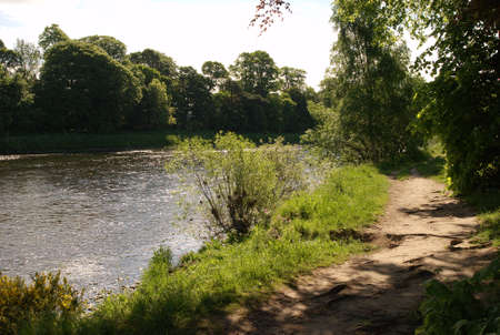 riverside path eastwards by river Tweed near Melrose in summerの写真素材