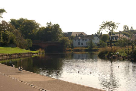 view old bridge over river Teith at Callanderの写真素材