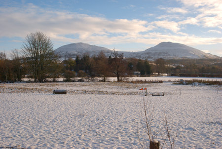 Eildon Hills from Fishers Walk, Darnick in winters afternoonの写真素材