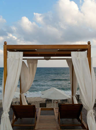 Pavilion for relax on Mediterranean beach at early morningの写真素材
