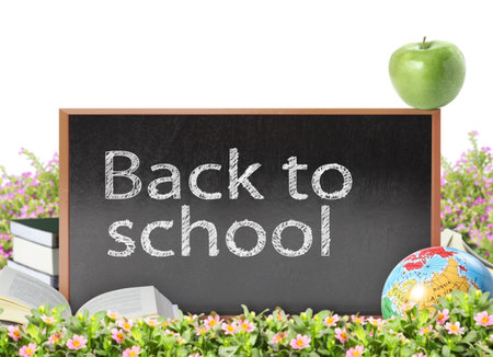 education concept - blank blackboard with apple 
