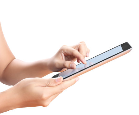 holding touch screen tablet and shows tablet in hand