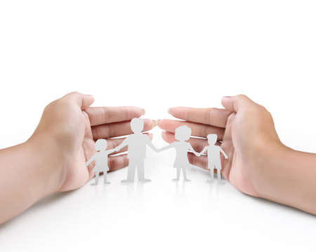 Beautiful woman open hands and Group of paper chain people holding hands の写真素材