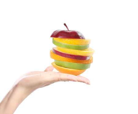 Apple Lemon and orange on hands womenの写真素材