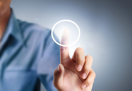 Hand pressing modern social buttons の写真素材