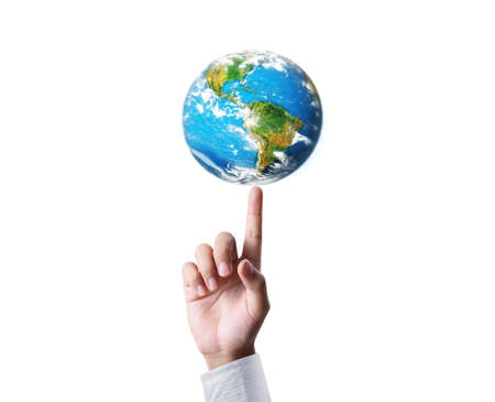 hand holding our planet earth glowing の写真素材