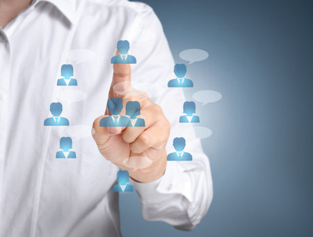 Hand pressing modern social buttons の写真素材