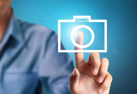 Hand pressing modern social buttons の写真素材