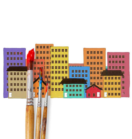drawing the house and paint brushes の写真素材