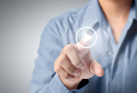 Hand pressing modern social buttons の写真素材