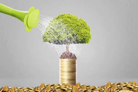 watering can pouring molten gold the gold coins の写真素材