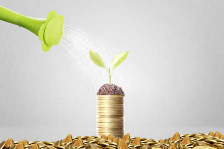 watering can pouring molten gold the gold coins の写真素材