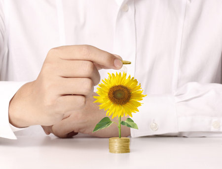 hand holding tree growing on golden coins ,saving money 