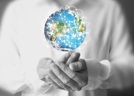 Globe ,earth in human hand, hand holding our planet earth glowing