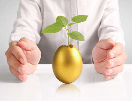 Hand Holding of golden eggsの写真素材