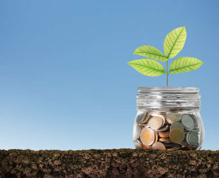 Silver coins in a piggy bank Glassの写真素材