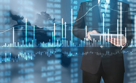 Investment concept,hand with stock financial chart symbols coming from hand