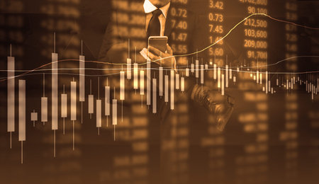 Investment concept,hand with stock financial chart symbols coming from hand