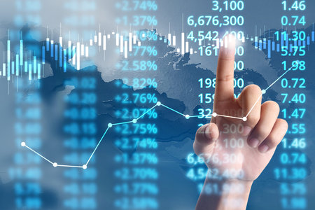 Businessman plan graph growth and increase of chart positive indicators in his businessの写真素材