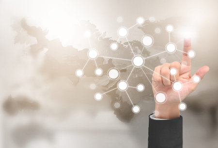 Businessman hand touching  point data network connection