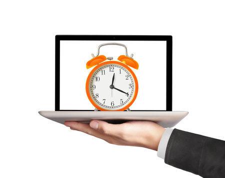 male hand holding a laptopの写真素材