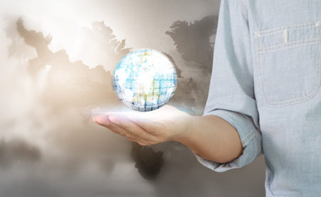 Businessman hand touching  point data network connection,. Elements of this image furnished by NASAの写真素材