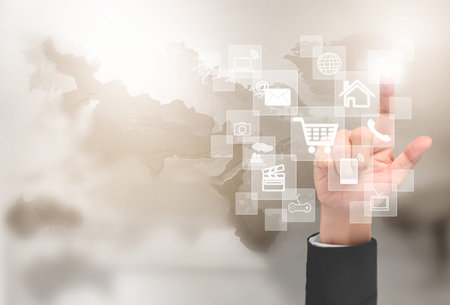 Businessman hand touching  point data network connection