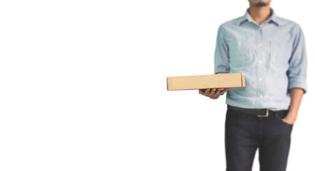 Delivery man or passenger holding a cardboard box ready to deliveryの写真素材