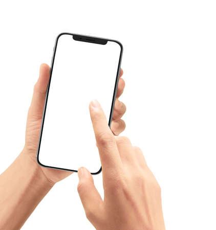 Hand holding smartphone device and touching screenの写真素材