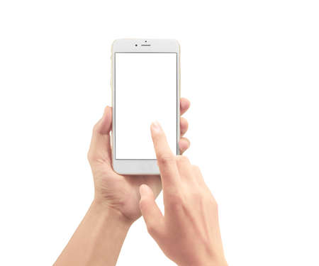 Hand holding smartphone device and touching screenの写真素材