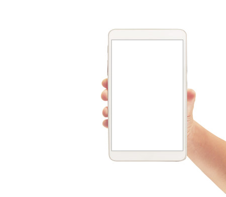 Hands holding a tablet touch computer gadget with isolated screen