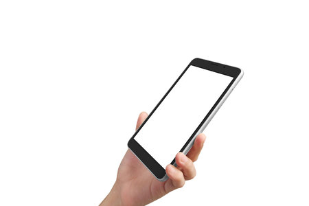 Hands holding tablet computer gadget with isolated, touch screen technology