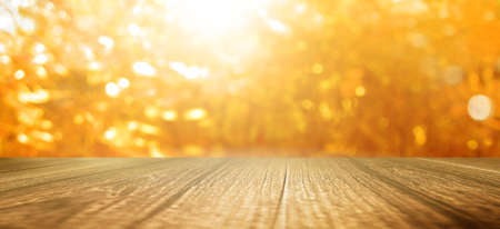 Nature background, Wood table display over blur green tree gardenの写真素材