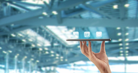 Hands holding a tablet touch computer gadget with isolated screen. business idea