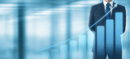 Businessman plan graph growth and increase of chart positive indicators in his businessの写真素材