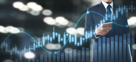 Businessman plan graph growth and increase of chart positive indicators in his business.smartphone...