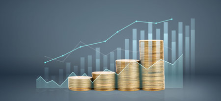 Graph stock market. Pile of Coins on stacks. investment and saving concept