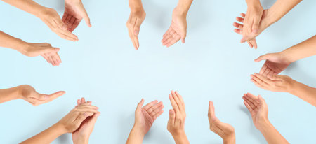 Group of hands applauding up Top view. isolated with clipping path