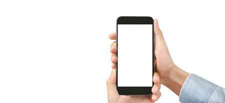 Hand holding smartphone device and touching screen