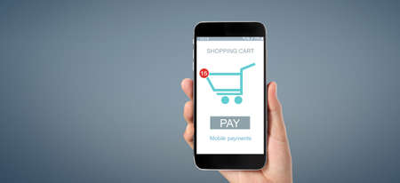 Hand holding smartphone device and touching screen, Business owner working. Online shopping SME entrepreneur. Buy and sell online,  Mobile payment with wallet appの写真素材