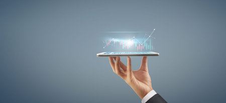 Business plan graph growth and increase of chart positive indicators in his business, tablet in hand