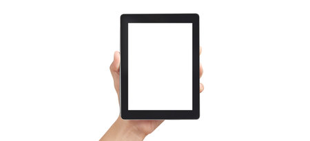 Hands holding tablet touch computer gadget with isolated screen
