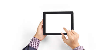 Hands holding a tablet touch computer gadget with isolated screenの写真素材