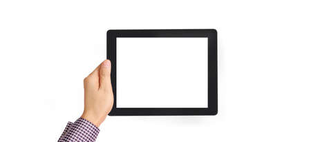 Hands holding a tablet touch computer gadget with isolated screenの写真素材