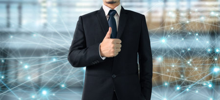 Businessman on blurred background using Social network connection interface