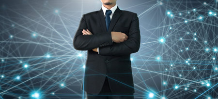 Businessman on blurred background using Social network connection interface